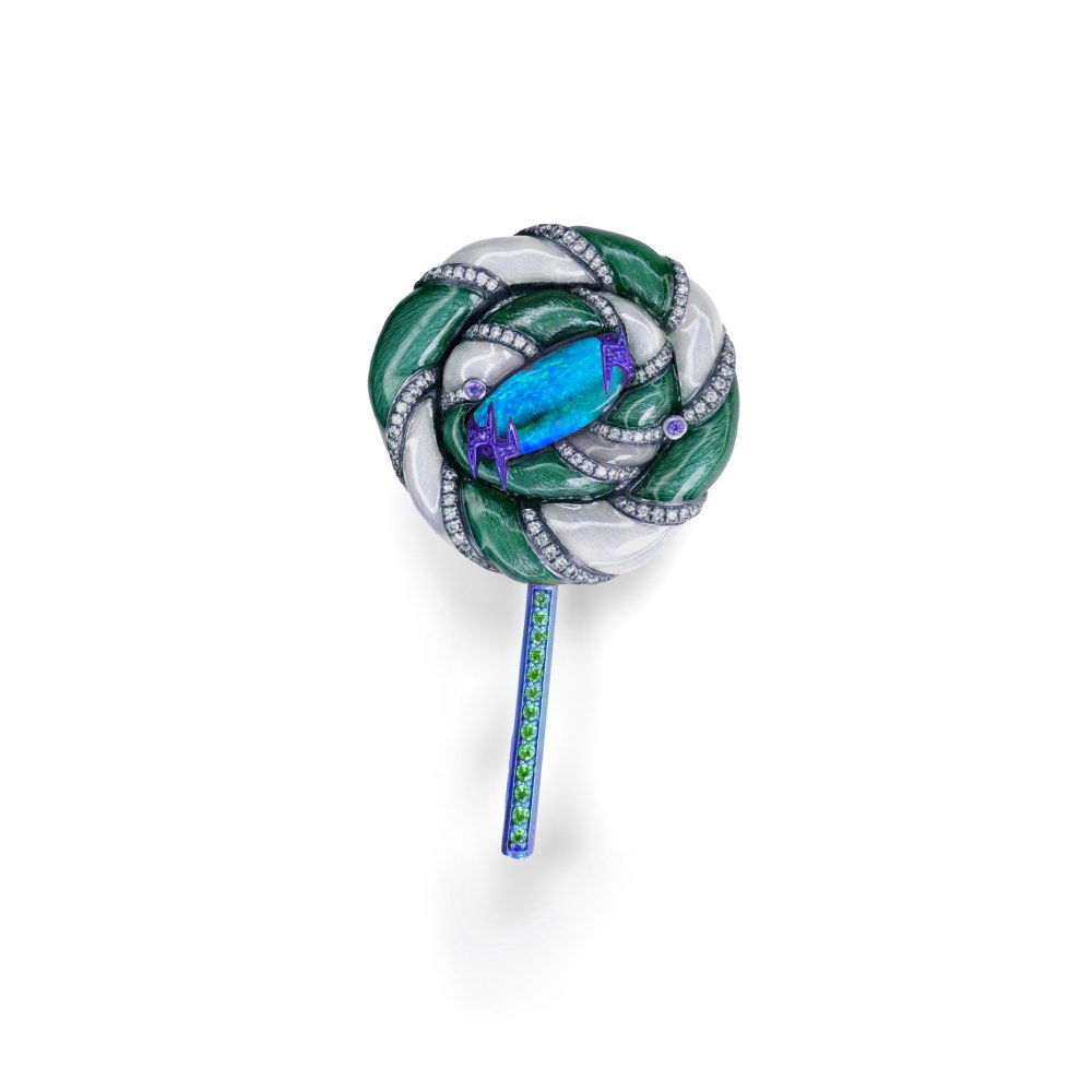 A.win Siu ‘Sweet memories’, ‘Something Sweet’ lollipop series. Opal brooch,diamonds, tanzanites, tsavorites, enamel and aluminium ©A.win Siu